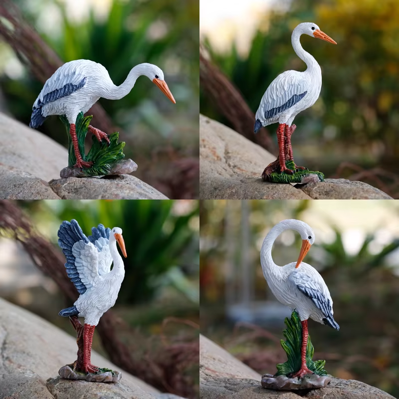 Bonsai Garden With Pond - Mini Cute Egret Crane Resin Statue